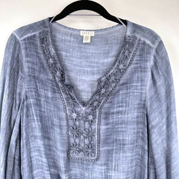 NWT Spense Women's Tie Front Embroidered Bell Sleeve Boho Top Blue Size Small - Picture 2 of 15